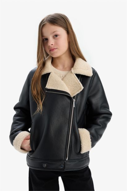 Girl Waterproof Plush Lining Faux Leather Jacket