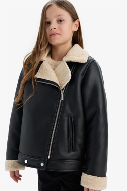 Girl Waterproof Plush Lining Faux Leather Jacket