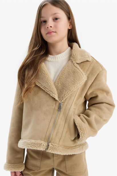 Girl Jacket Collar Plush Faux Leather Jacket