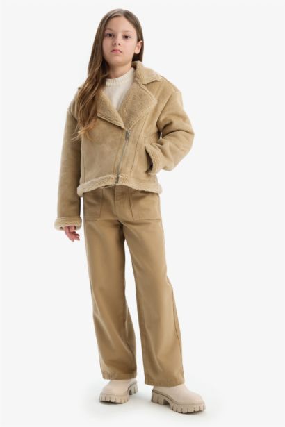 Girl Jacket Collar Plush Faux Leather Jacket