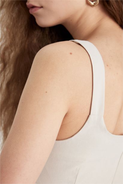 Bodycon Vücudu Saran Basic Düz Kare Yaka Askılı Maxi Elbise