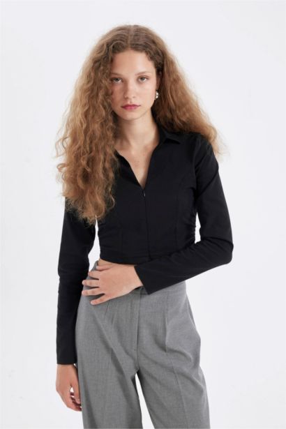 Black Fitted Bodycon Shirt Collar Zippered Bengal Crop Basic Blouse