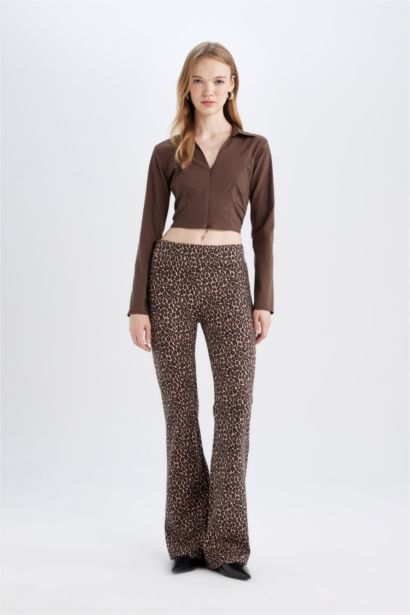 Fitted Shirt Collar Zippered Bengalin Crop Basic Blouse