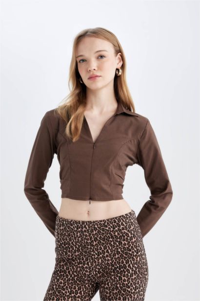 Fitted Shirt Collar Zippered Bengalin Crop Basic Blouse