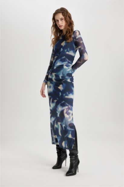 Bodycon Yuvarlak Yaka Batik Tül Midi Uzun Kollu Abiye Elbise