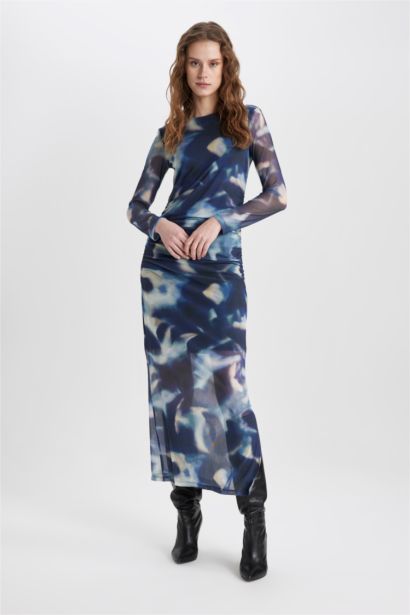 Bodycon Yuvarlak Yaka Batik Tül Midi Uzun Kollu Abiye Elbise