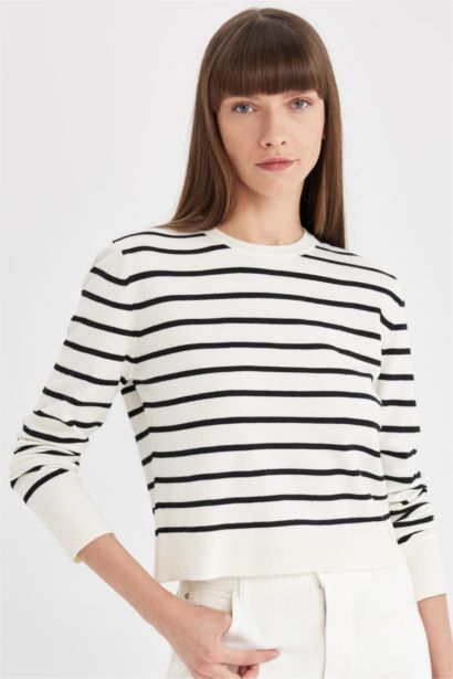 Pull en tricot rayé à col rond et coupe régulière pour Femme