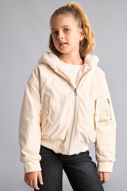 Peluş Kapüşonlu Bomber Mont Kız Çocuk