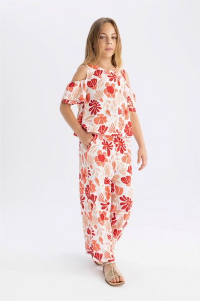 Girl Wide Leg Floral Wrinkled Trousers
