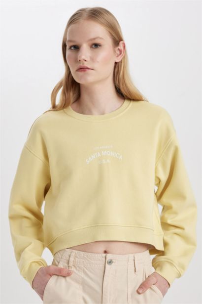 Boxy Fit Bisiklet Yaka Baskılı Kalın Sweatshirt