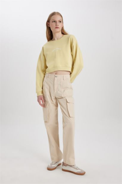 Boxy Fit Bisiklet Yaka Baskılı Kalın Sweatshirt