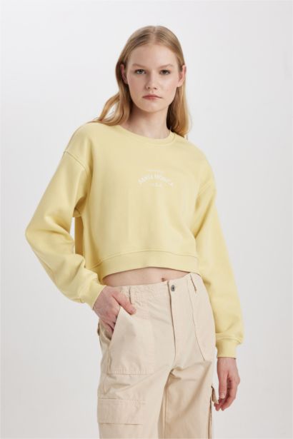 Boxy Fit Bisiklet Yaka Baskılı Kalın Sweatshirt