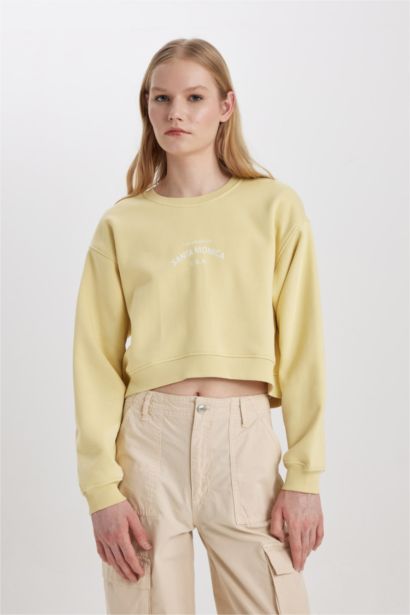 Boxy Fit Bisiklet Yaka Baskılı Kalın Sweatshirt