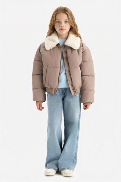 Girl Zippered Faux Fur Collar Jacket