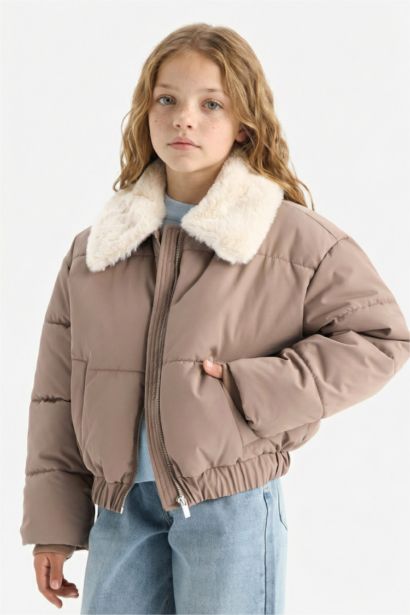 Girl Zippered Faux Fur Collar Jacket