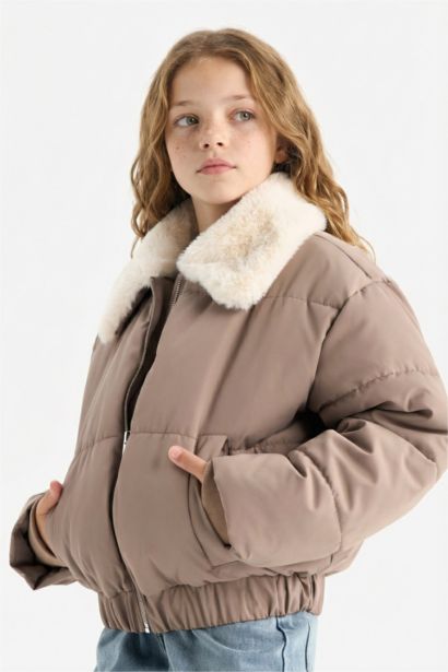 Girl Zippered Faux Fur Collar Jacket