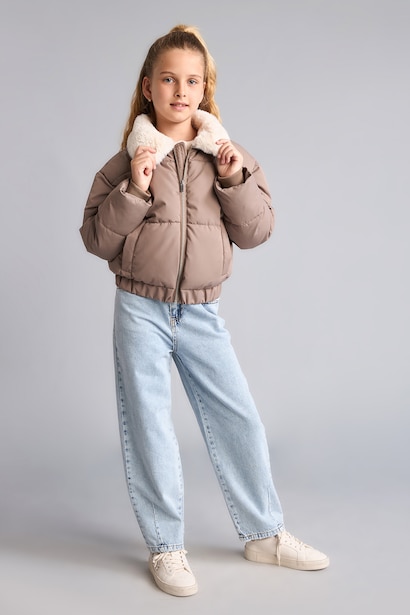 Su İtici Yakası Suni Kürklü Fermuarlı Mont Kız Çocuk