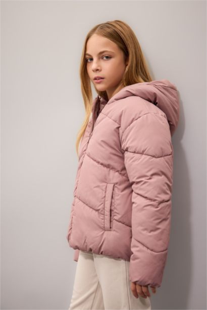 Kız Çocuk Su İtici Rüzgar Geçirmez Kapüşonlu Cepli Fermuarlı Şişme Mont