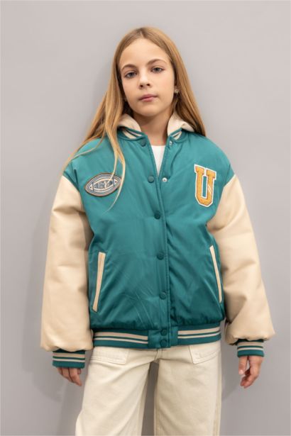 Girl Removable Hooded College Collar Bomber Jacket