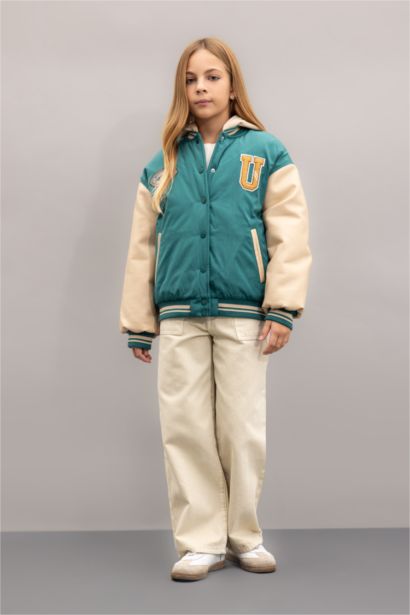 Girl Removable Hooded College Collar Bomber Jacket