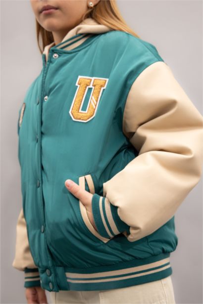 Girl Removable Hooded College Collar Bomber Jacket
