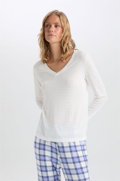 Fall in Love V Neck Basic Top Checked Bottom 2 Piece Pajama Set