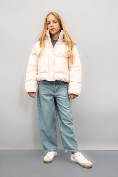 Kız Çocuk Su Geçirmez Kapüşonlu Çıtçıtlı Şişme Mont