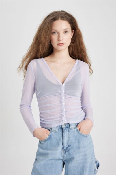 Slim Fit V-Neck Long Sleeve Blouse