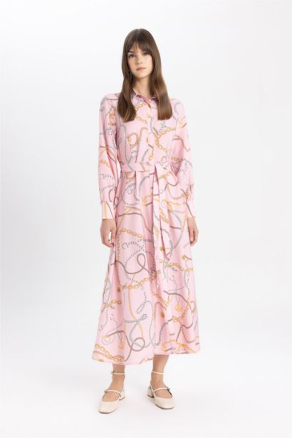 Robe Tissée à Manches Longues imprimé avec Col de Chemise