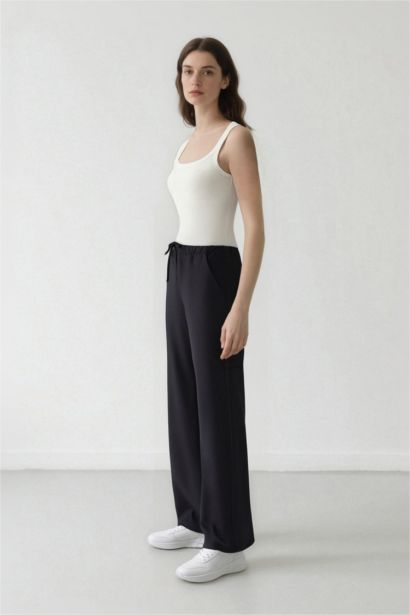 Wide Leg Elastic Waist Laced Basic Trousers