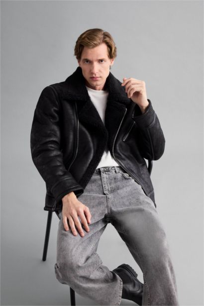 جاكيت شتوي جلد صناعي سليم فيت مبطن بفرو إصطناعي