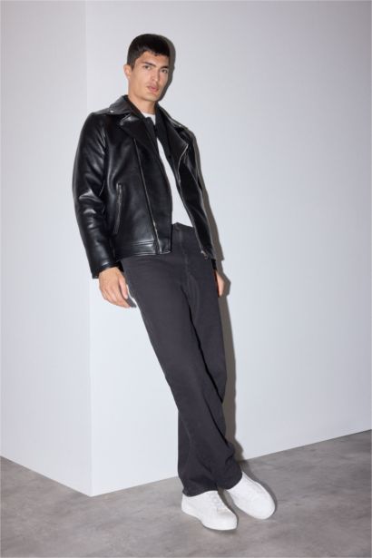 Su Ve Rüzgar İtici Slim Fit Dar Kesim Mevsimlik Astarlı Fermuarlı İç Cepli Suni Deri Biker Mont