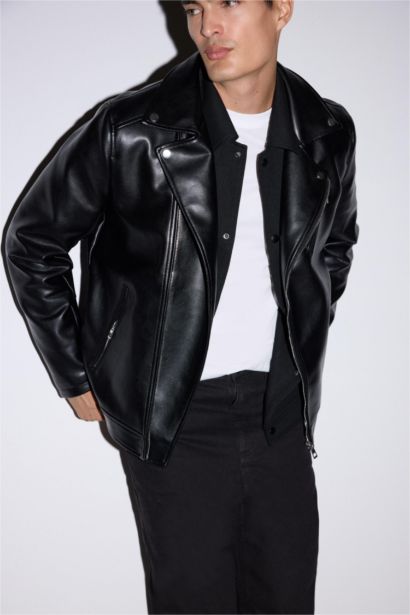 Su Ve Rüzgar İtici Slim Fit Dar Kesim Mevsimlik Astarlı Fermuarlı İç Cepli Suni Deri Biker Mont