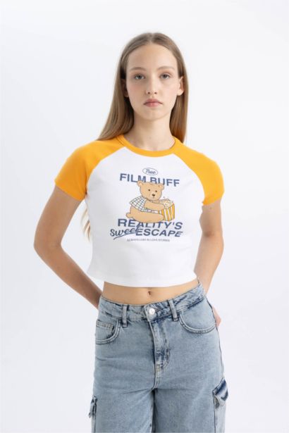 Fıtted Bisiklet Yaka Baskılı Fitilli Kaşkorse Kısa Kollu Tişört