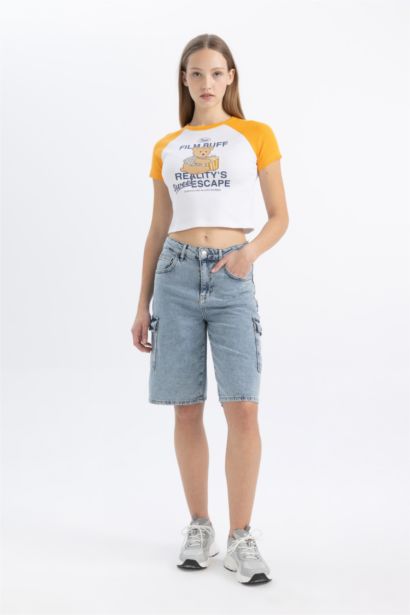 Fıtted Bisiklet Yaka Baskılı Fitilli Kaşkorse Kısa Kollu Tişört