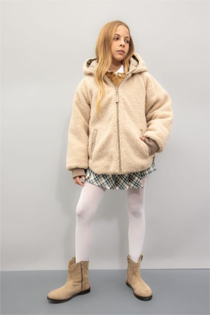 Girl Double Sided Zippered Hooded Plush Jacket