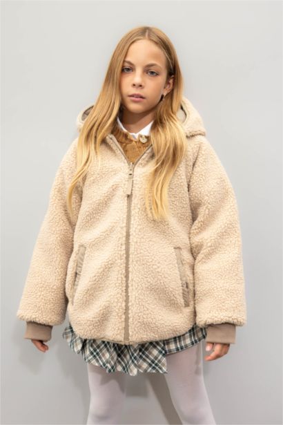 Girl Double Sided Zippered Hooded Plush Jacket