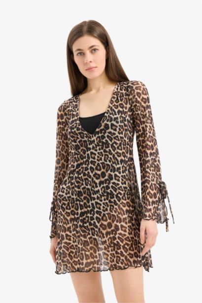 Fall in Love Regular Fit Leopard Patterned Tulle Beach Dress