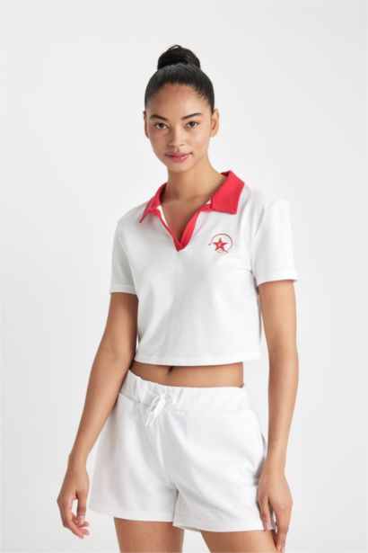 DeFactoFit Polo Neck Sports Crop Top T-Shirt