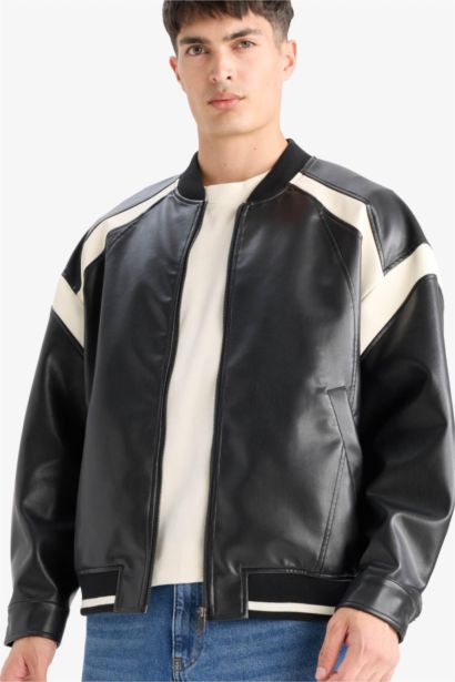 Su İtici Regular Fit Kolej Yaka İç Cep Detaylı Fermuarlı Bomber Mevsimlik Baharlık Deri Ceket Mont