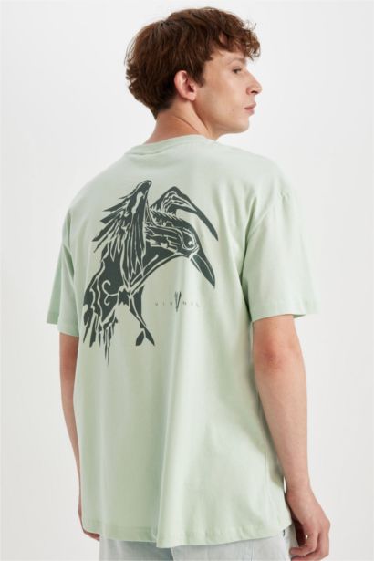 %100 Pamuk Vikings Boxy Fit Bisiklet Yaka Sırt Baskılı Kısa Kollu Tişört