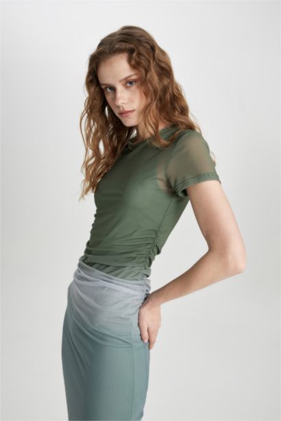 Bodycon Bisiklet Yaka Degrade Kısa Kollu Midi Tül Elbise