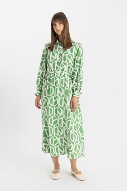 Shirt Collar Patterned Poplin Maxi Dress