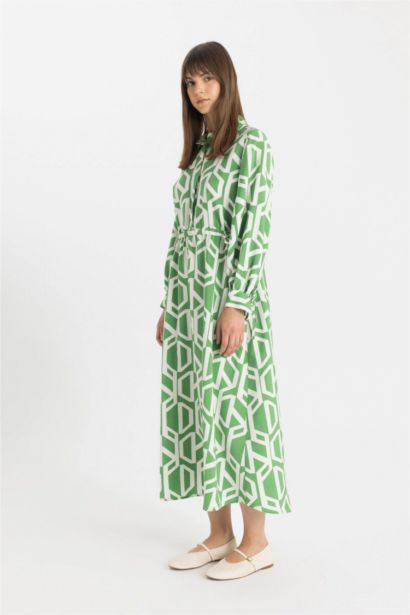 Shirt Collar Patterned Poplin Maxi Dress