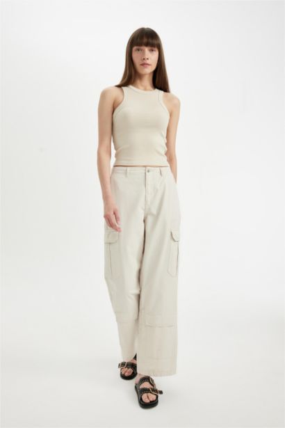 Wide Leg Cargo Normal Waist Standard Length Gabardine Trousers
