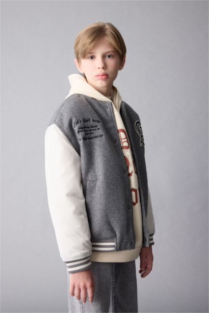 Boy College Collar Pocketed Bomber Jacket