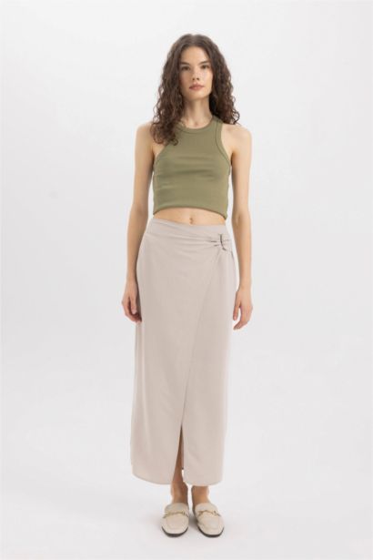 A Line Linen Blended Normal Waist Maxi Skirt