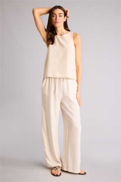 Wide Leg Double Pocket Striped Linen Blended Trousers