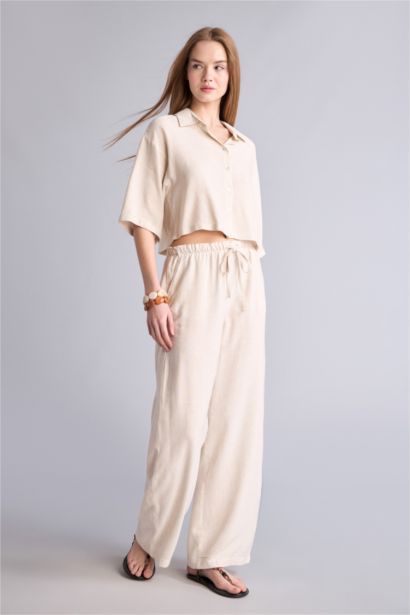 Wide Leg Double Pocket Striped Linen Blended Trousers