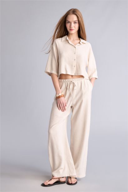 Wide Leg Double Pocket Striped Linen Blended Trousers